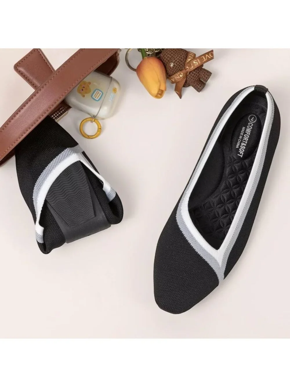 Frank Mully Women's Black Rubber Knitted Square Toe Comfortable Slip On Flats